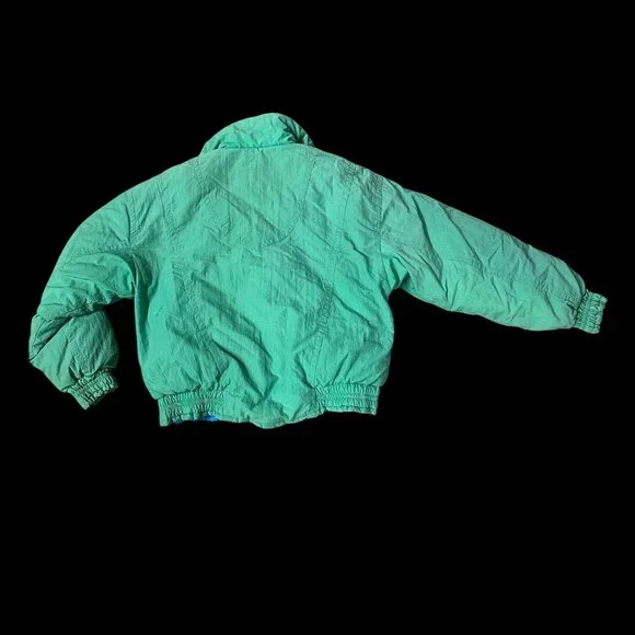 Vintage Green Puffer Coat Jacket Womens Medium 1990s Mixed Blues Nylon Down - Picture 3 of 7